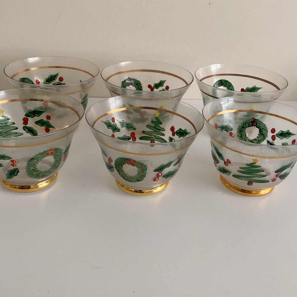 6 Elements painted glass Christmas dessert  bowls cups Gold rimmed Holiday 90’s